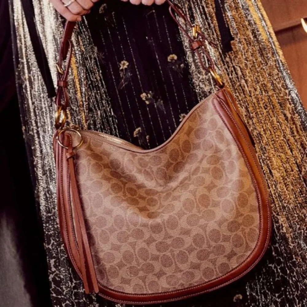 Coach Signature Hobo Tan Rust Shoulder Leather Coated Canvas Bag